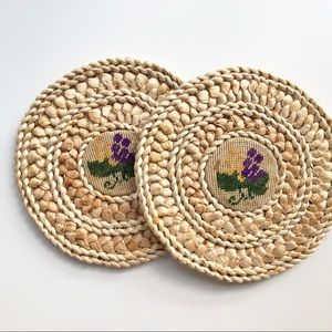 2 Boho ratan cross-stitched placemats or trivets